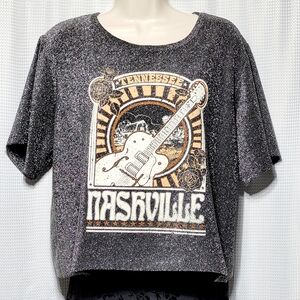 Altar'd State Nashville Graphic Crop Tee Metallic Loop Knit Silver/Black (XL)